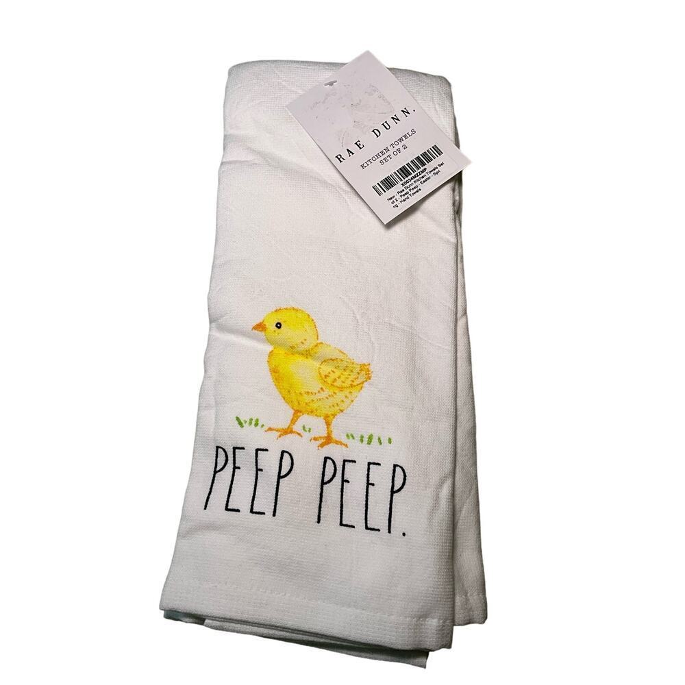 Set of 2 - Rae Dunn Kitchen Hand Towel White Easter Design Peep Peep Embroidered